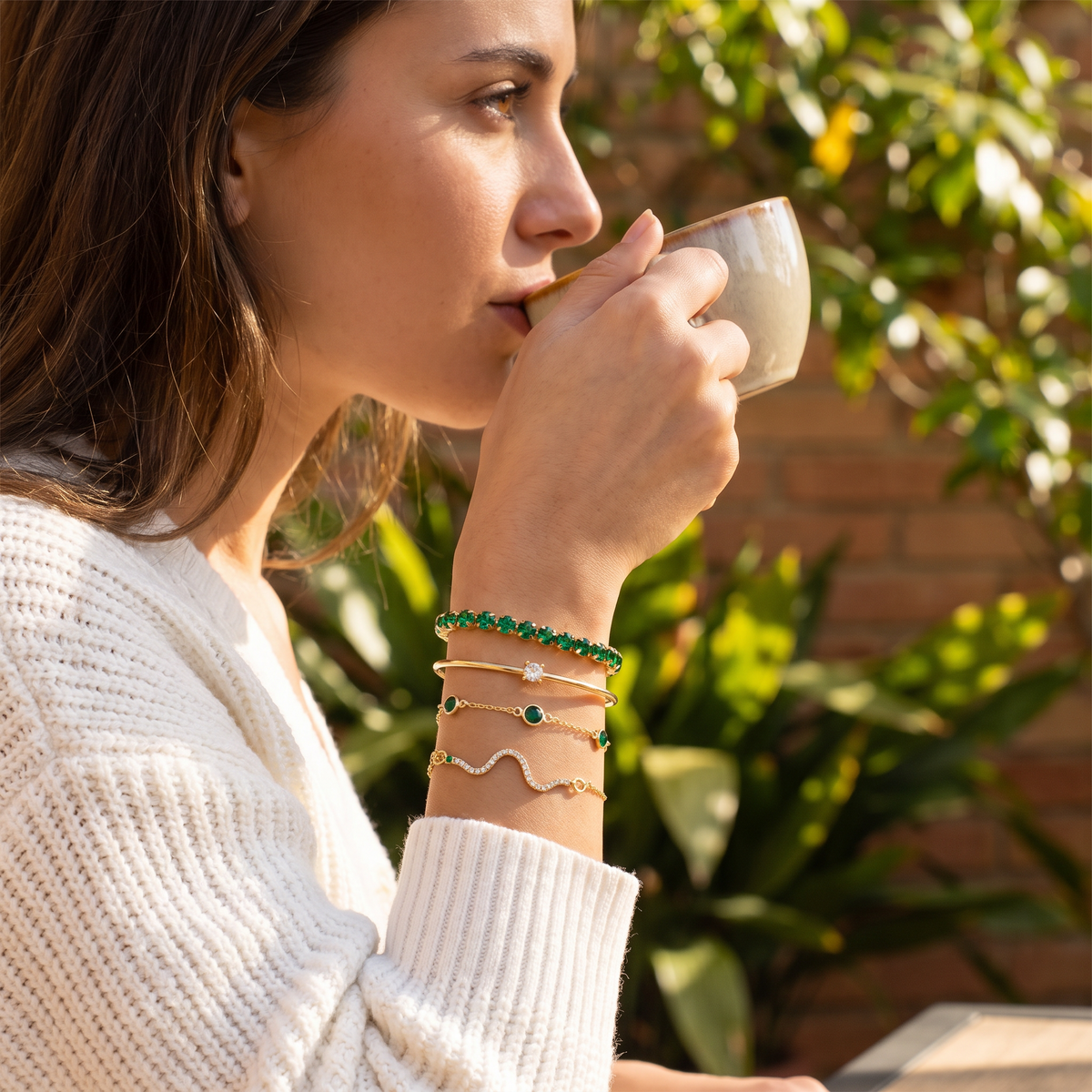Verena bracelet stack candid outdoor shot