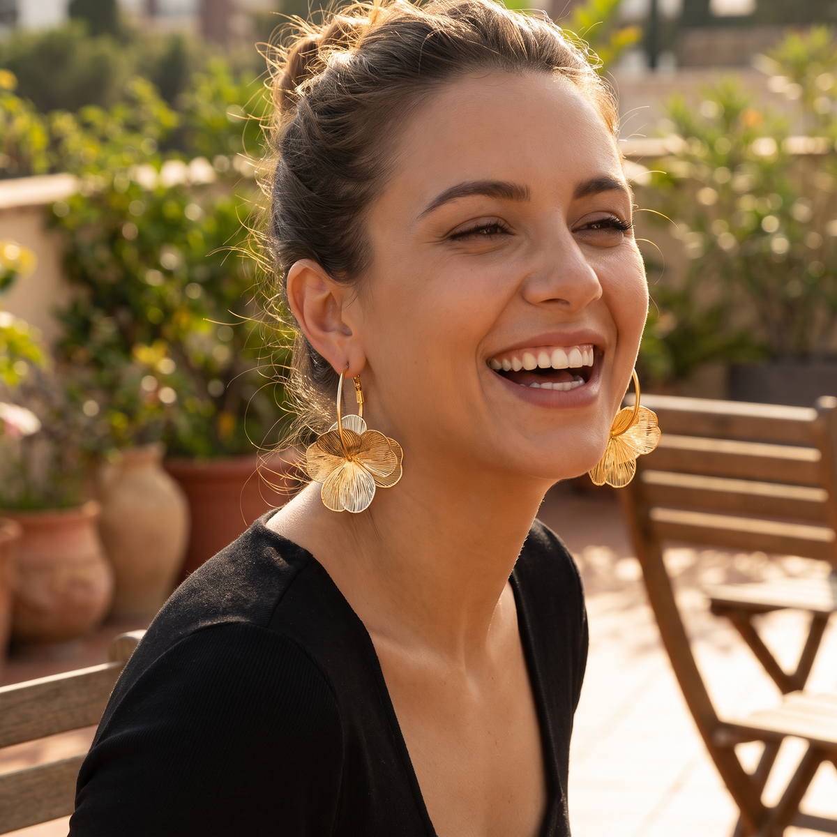 Fiora drop earrings candid outdoor shot