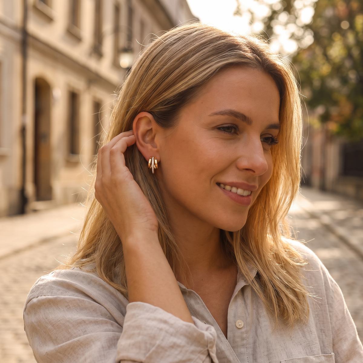 Nova triple crystal hoops candid outdoor shot