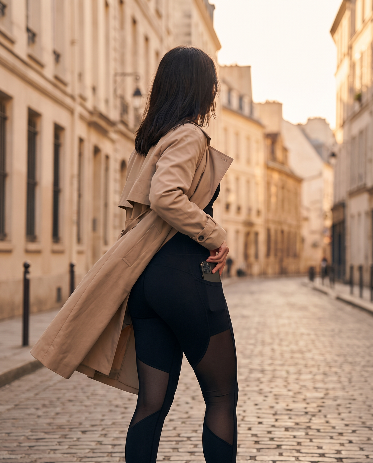 Astrid leggings worn with a trench coat