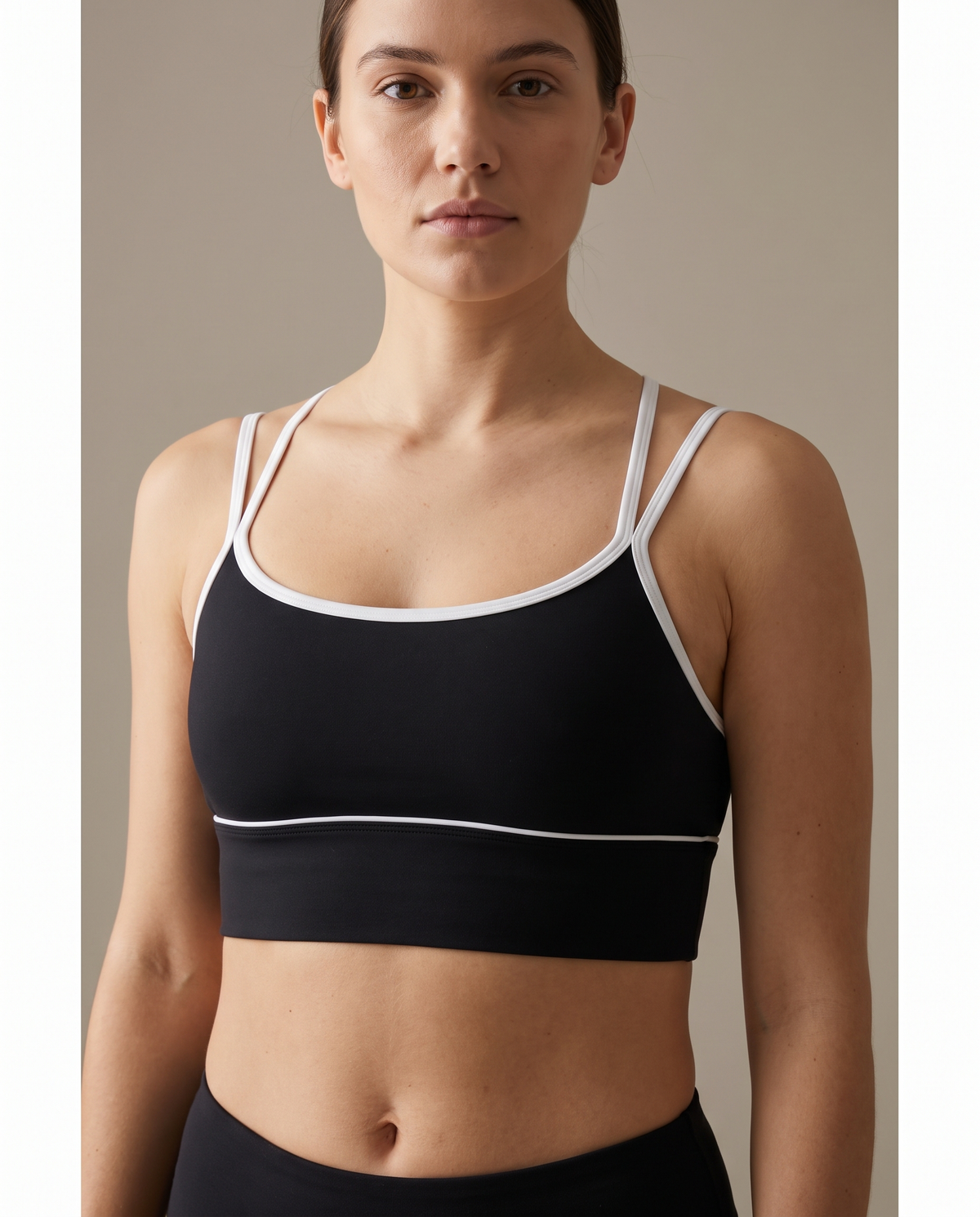 Mira contrast piped longline sports bra front view