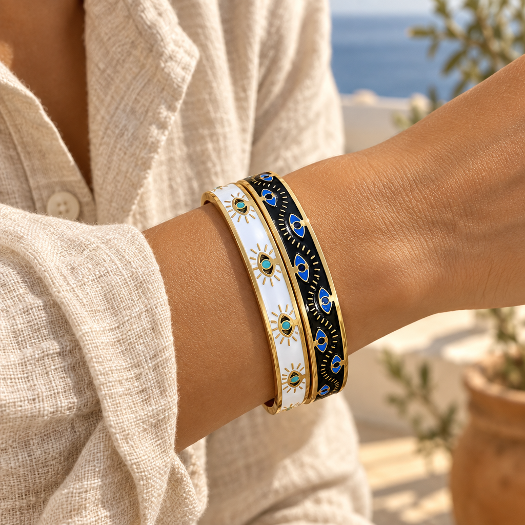 Nazar bangles stacked on the wrist