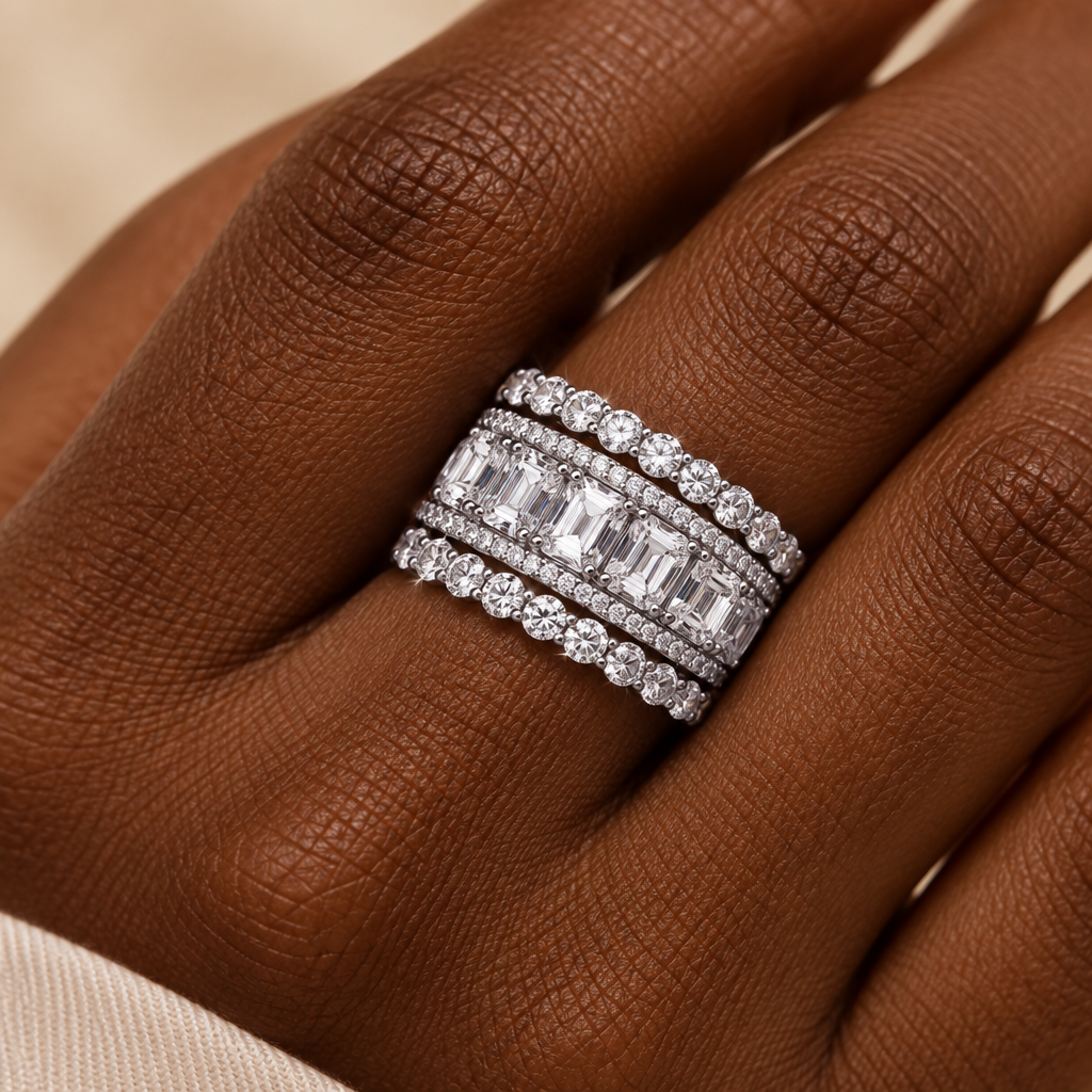 Esme ring stack in silver worn on the hand