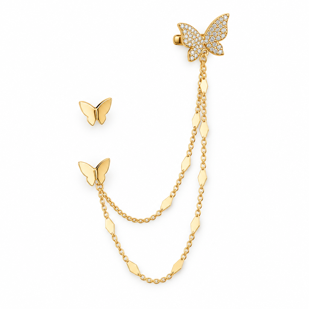 Farfalla butterfly chain ear cuff in gold on a white background