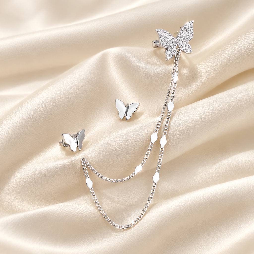 Silver Farfalla set on silk