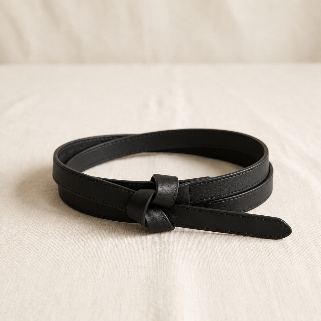 Noor knot belt in black, coiled on cream linen