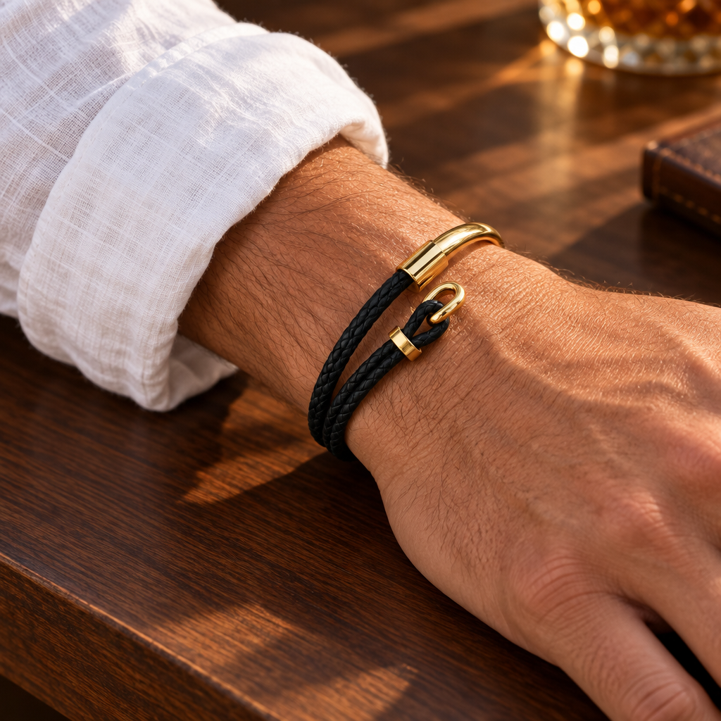 Rowan bracelet with gold hook clasp worn on the wrist