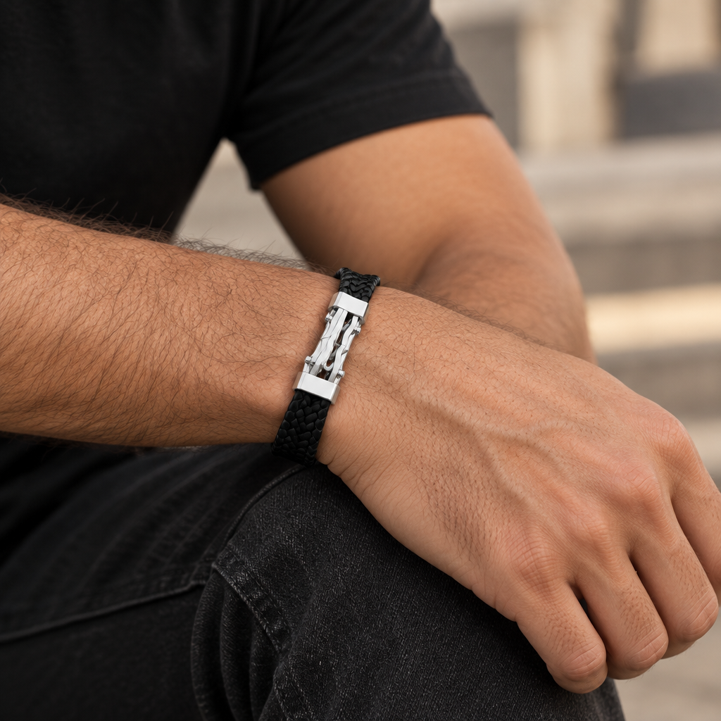 Atlas silver bracelet worn on the wrist