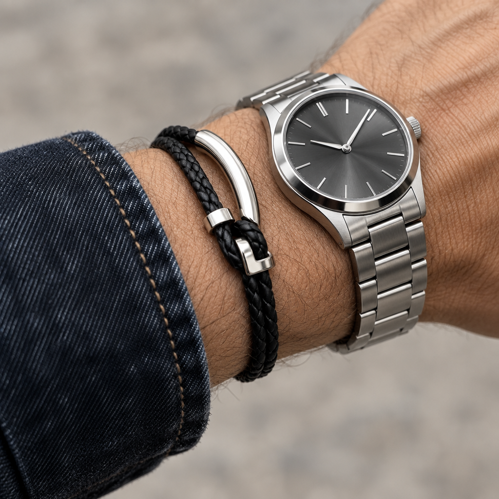 Rowan silver hook bracelet worn with a watch