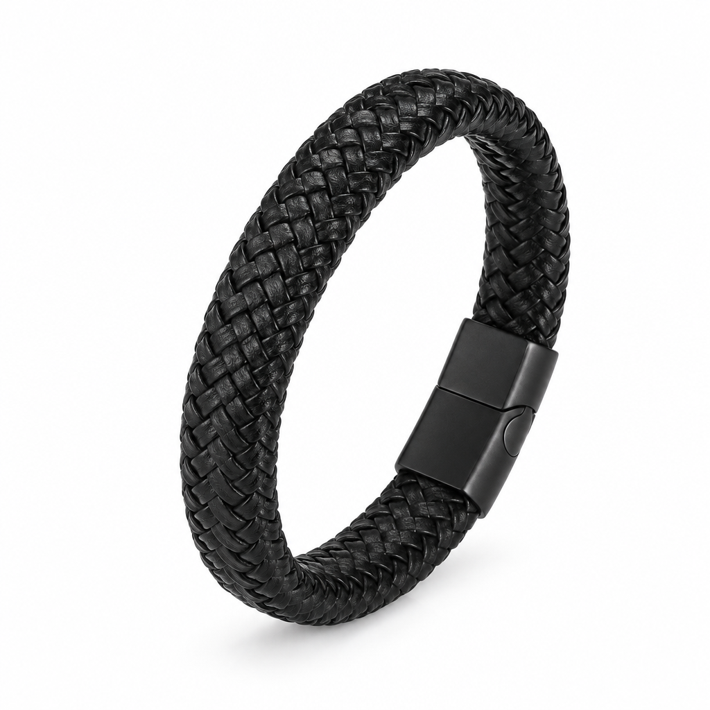 Kellan braided bracelet in black with black magnetic clasp on white