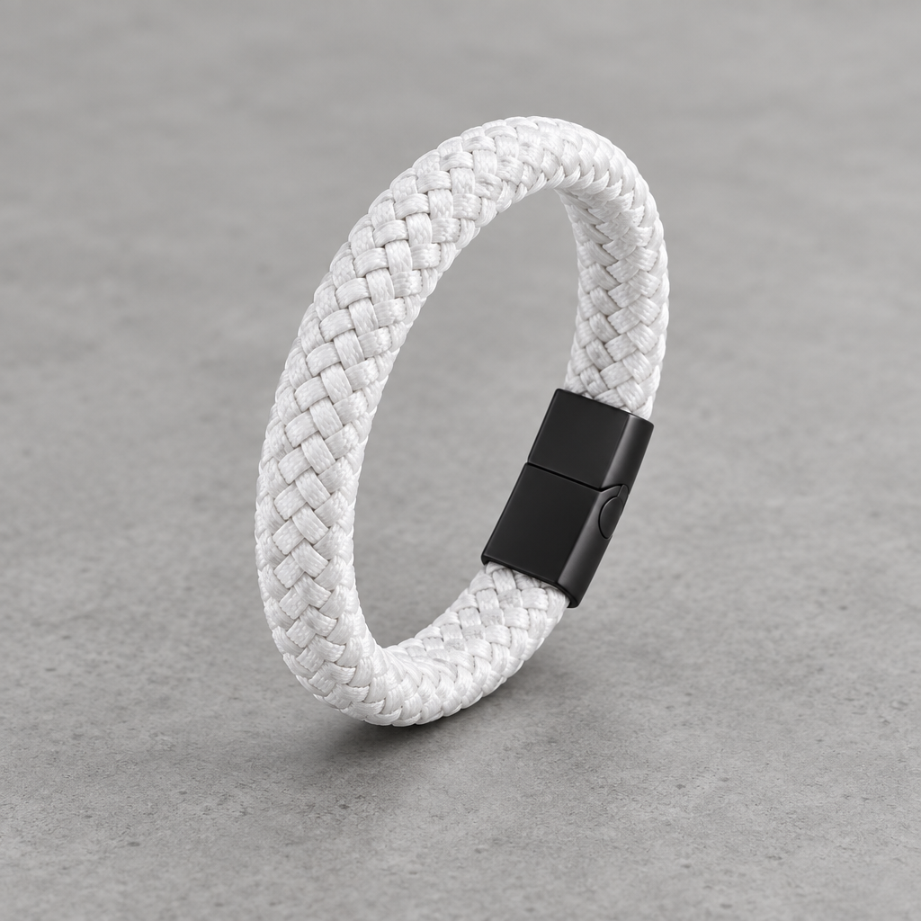 Kellan bracelet in white braid with matte black clasp on concrete