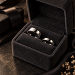 Orion 5 mm and 3.5 mm tungsten bands in a velvet ring box