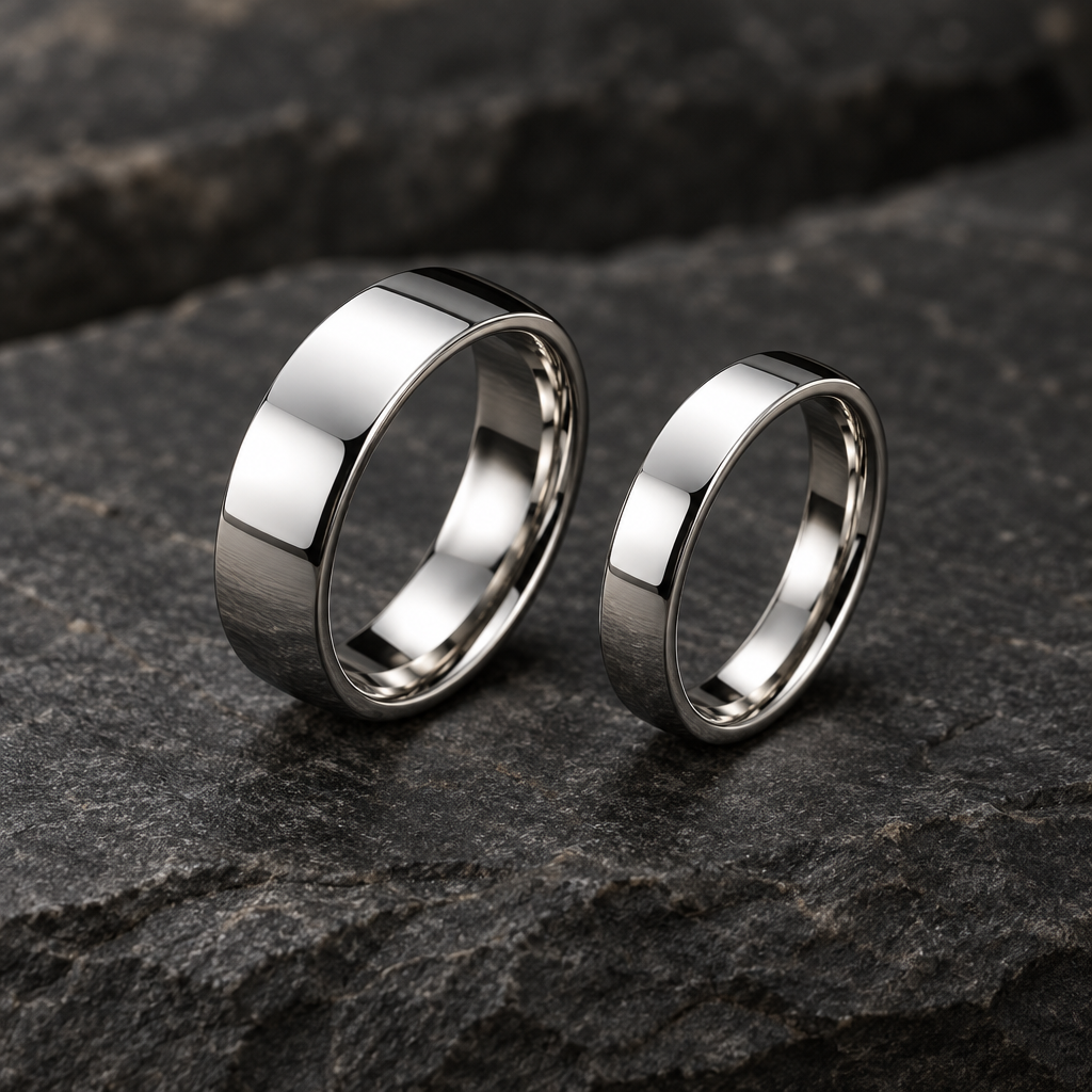 Orion tungsten bands in 5 mm and 3.5 mm side by side on stone