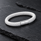 Kellan bracelet in white braid with polished silver clasp on slate