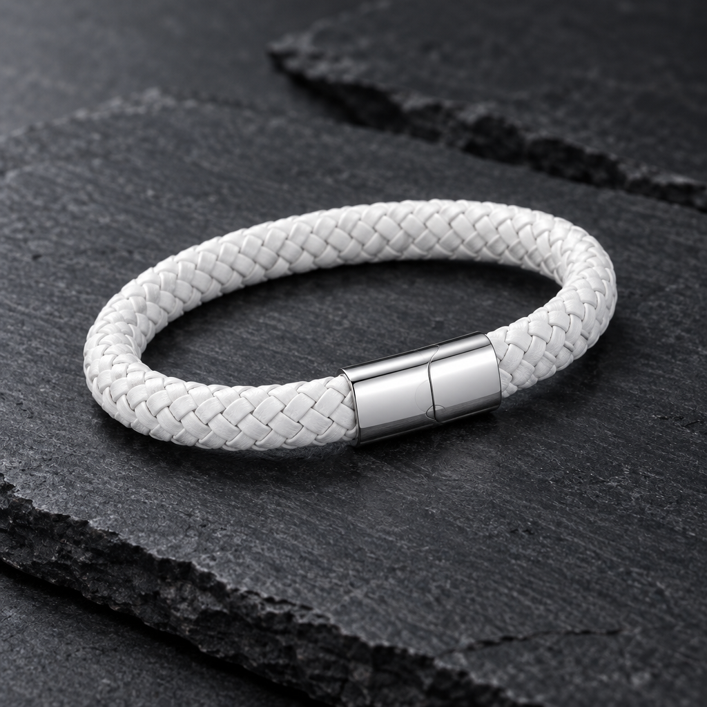 Kellan bracelet in white braid with polished silver clasp on slate
