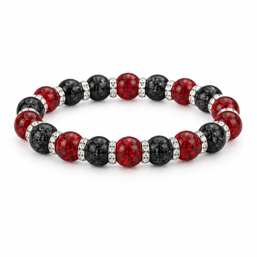 Ember red and black crackle glass bead bracelet on white