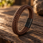 Kellan bracelet in brown braid with black clasp on dark wood