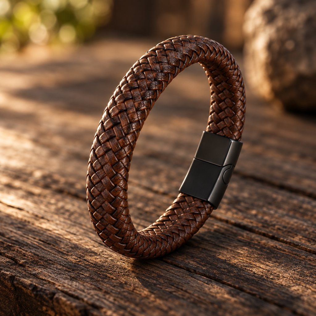 Kellan bracelet in brown braid with black clasp on dark wood