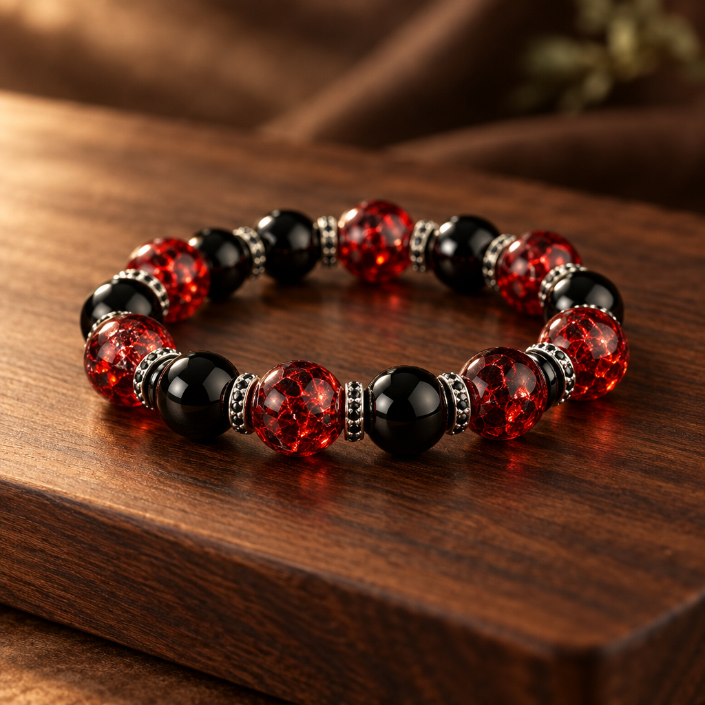 Ember bead bracelet on a walnut board