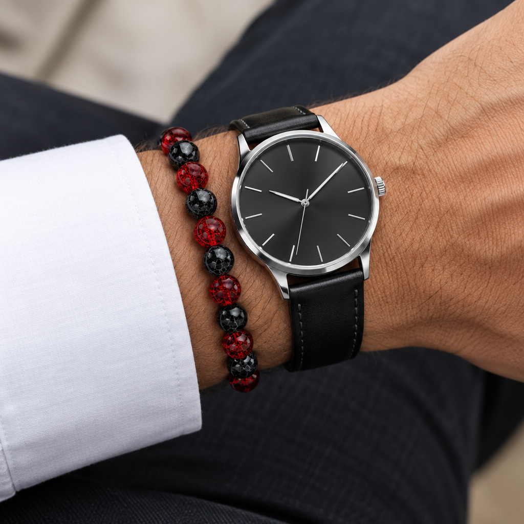 Ember bead bracelet stacked with a black leather watch