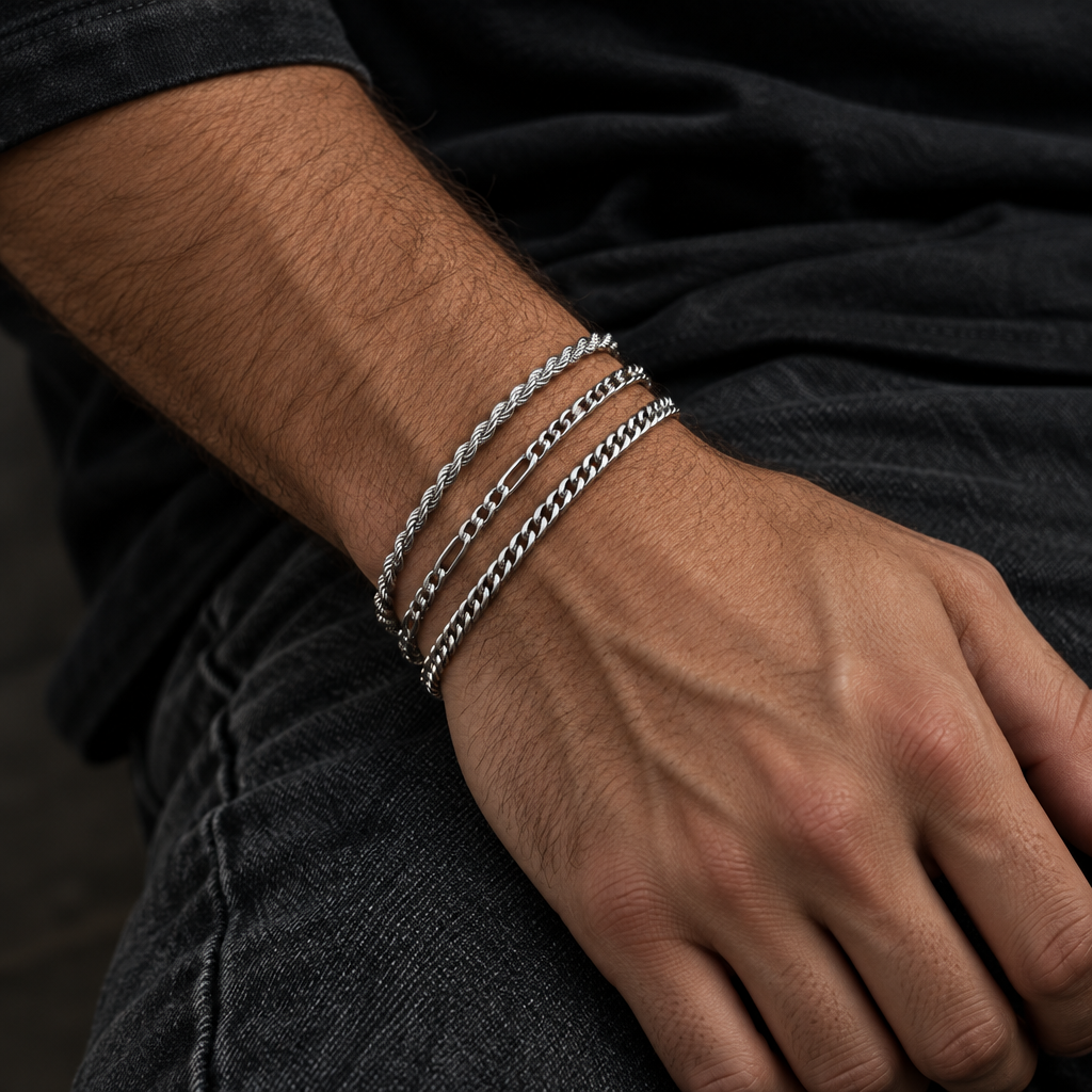 Silver Dorian bracelets stacked on the wrist