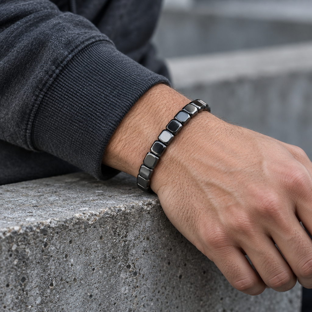 Flint bracelet worn on a man's wrist