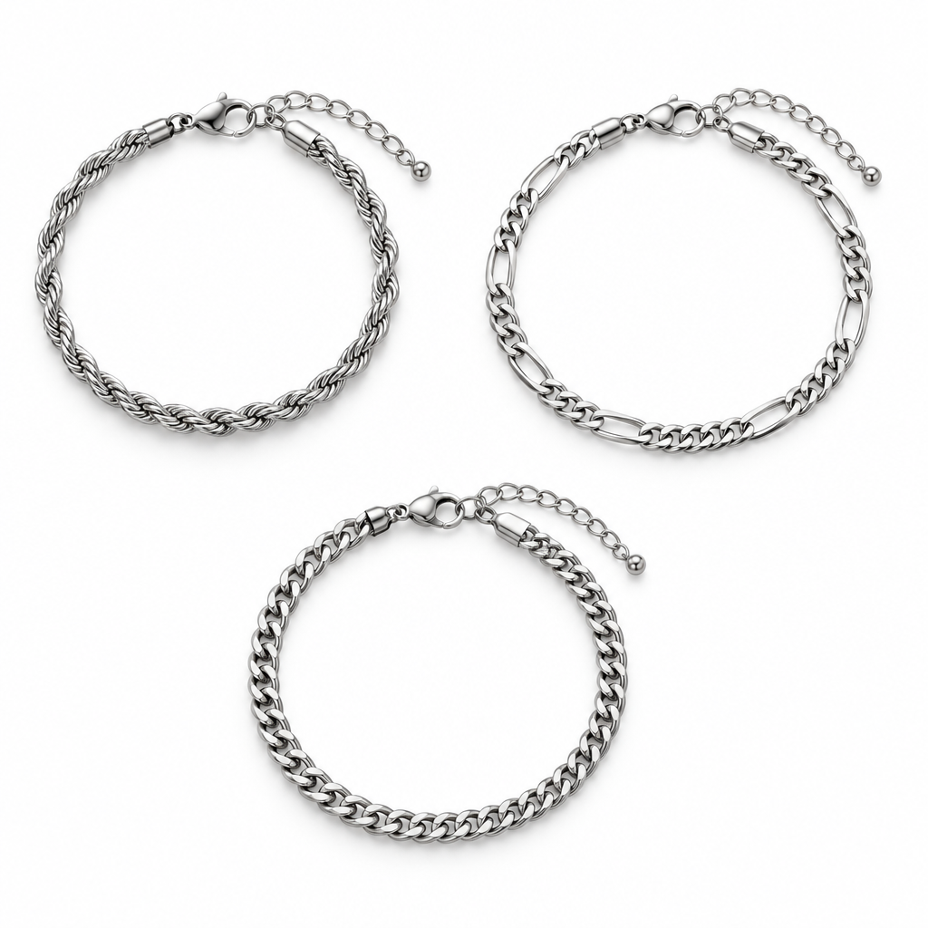 Dorian set of three silver chain bracelets on white