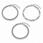 Dorian set of three silver chain bracelets on white