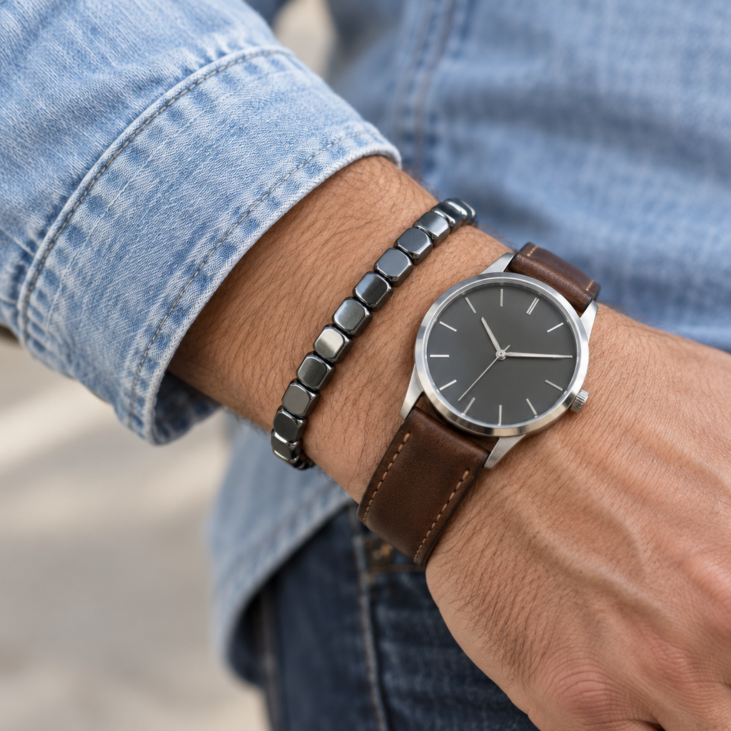 Flint bracelet worn with a leather watch