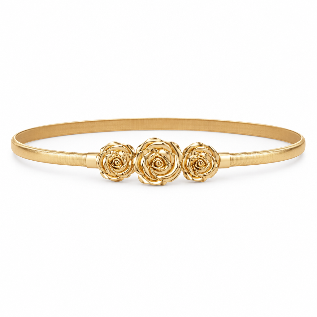 Rosalie gold rose buckle waist belt on white