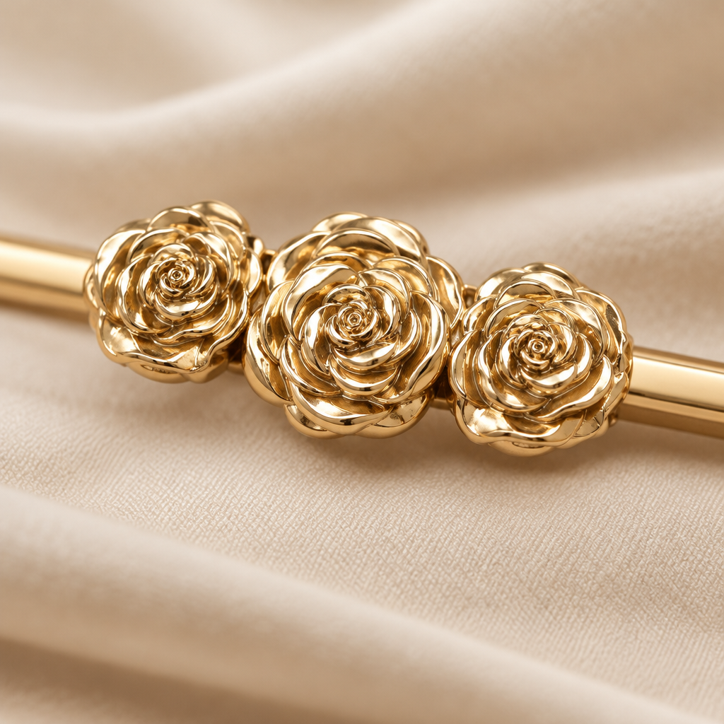 Close up of the three sculpted rose buckle