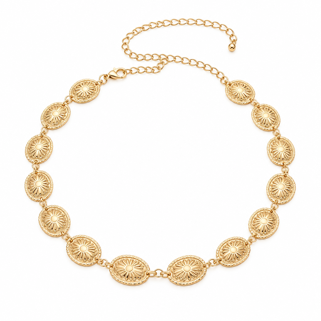 Sierra gold medallion waist chain on white