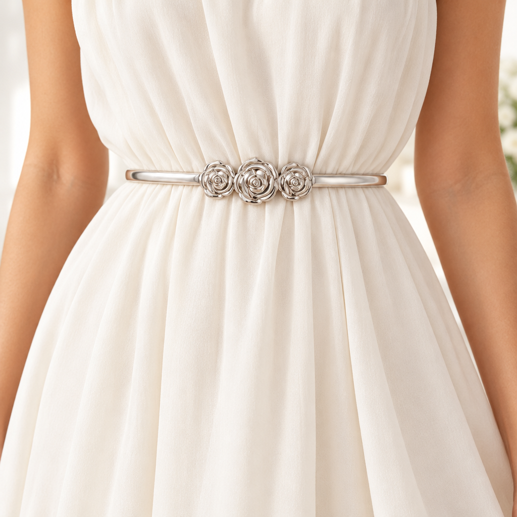 Silver Rosalie belt worn over an ivory dress