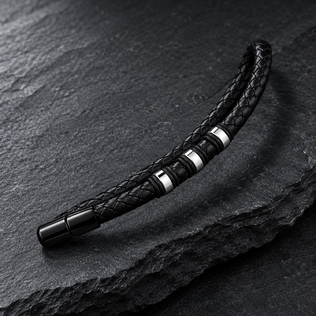 Ridge braided bracelet with silver accents on slate