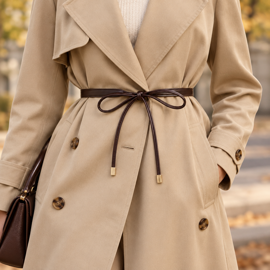 Brown Juliet belt tied over a beige trench coat