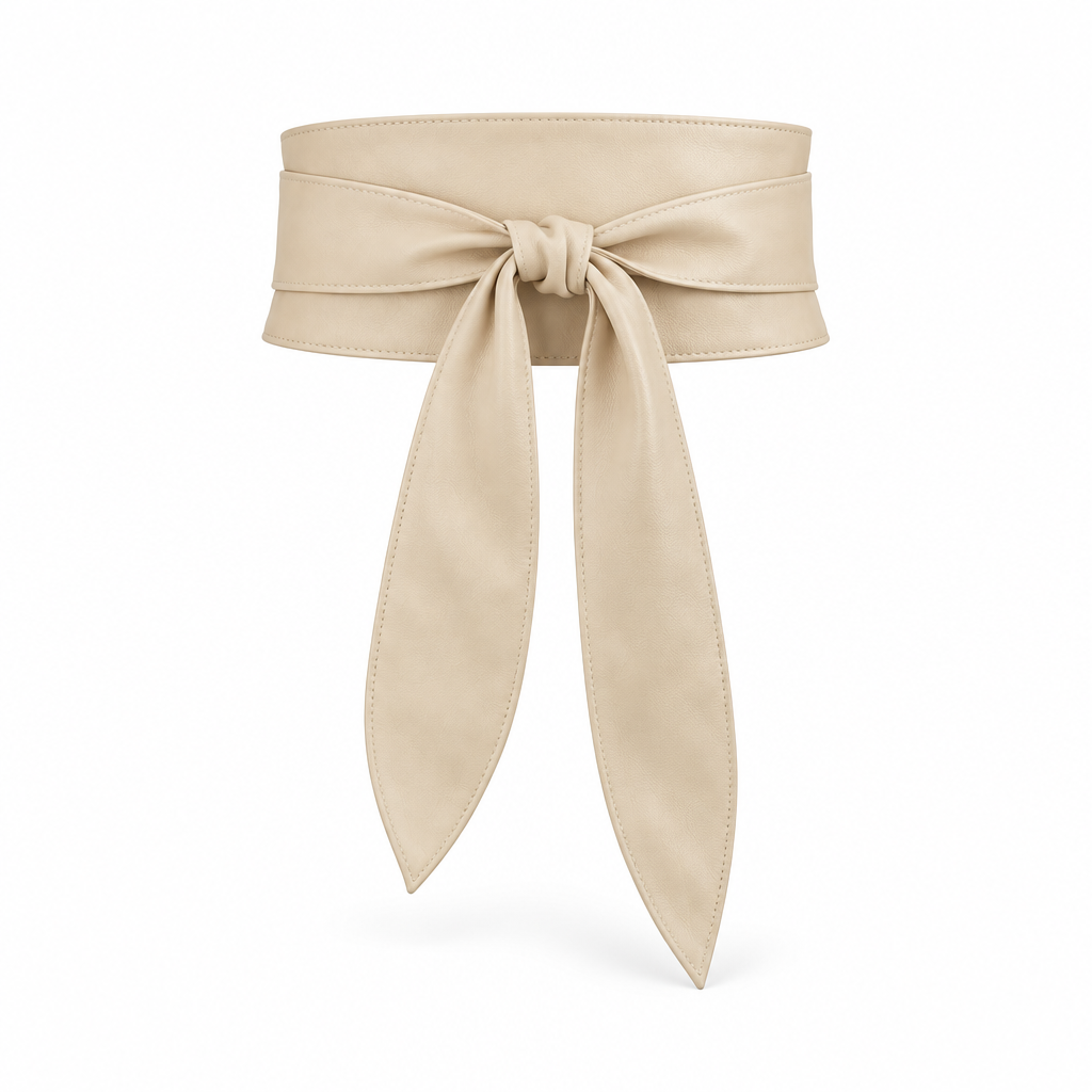 Odette beige wide obi tie belt on white