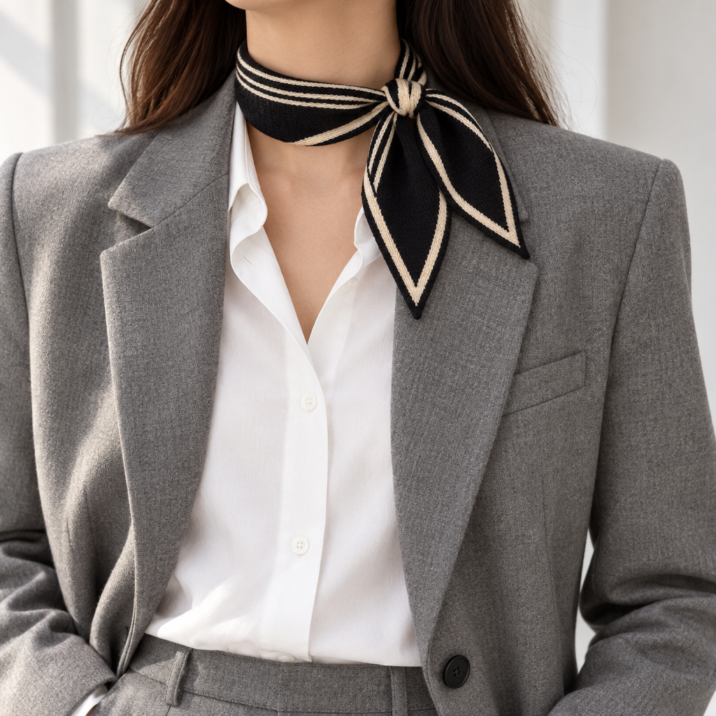 Elodie scarf knotted with a grey blazer