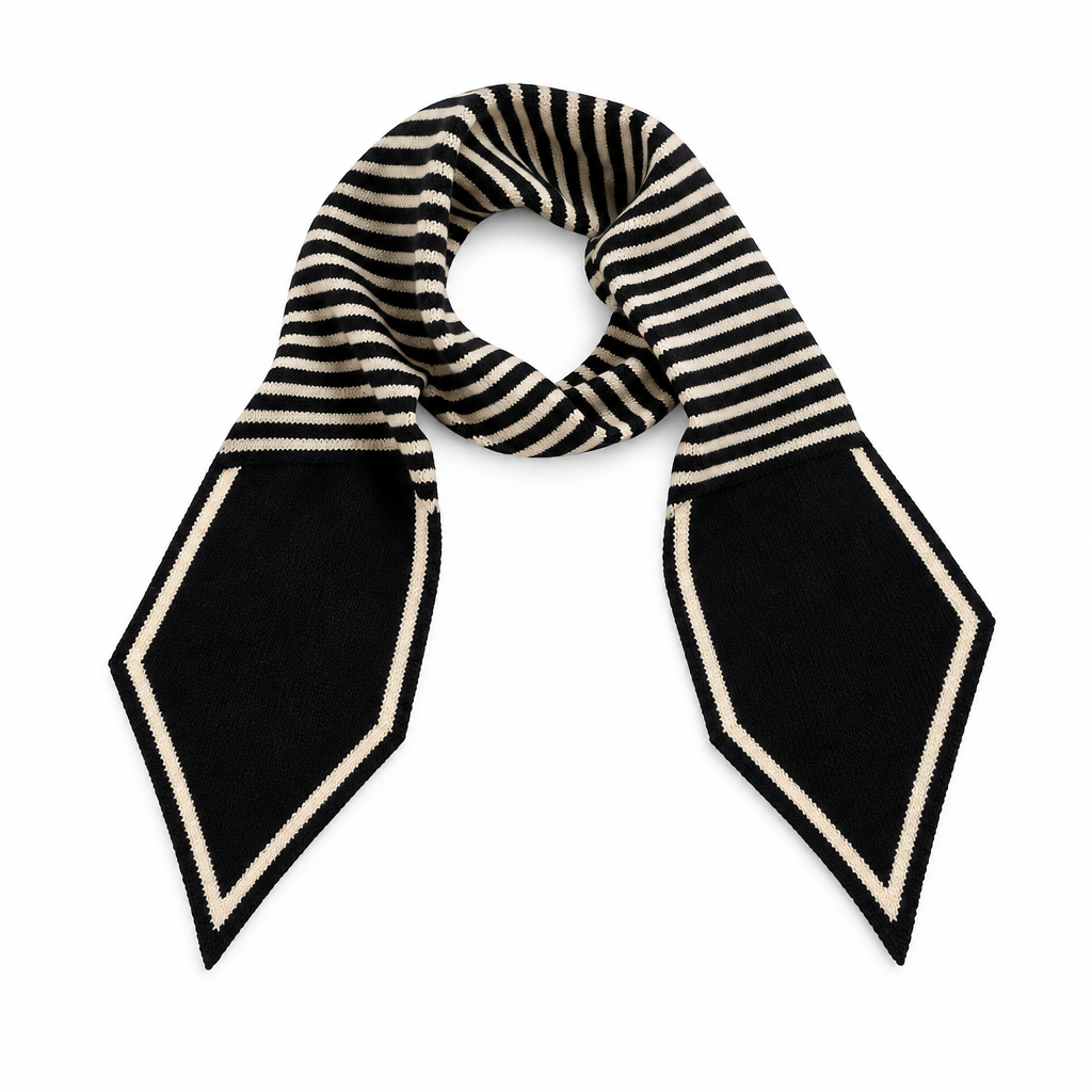 Elodie black skinny knit scarf with cream border on white